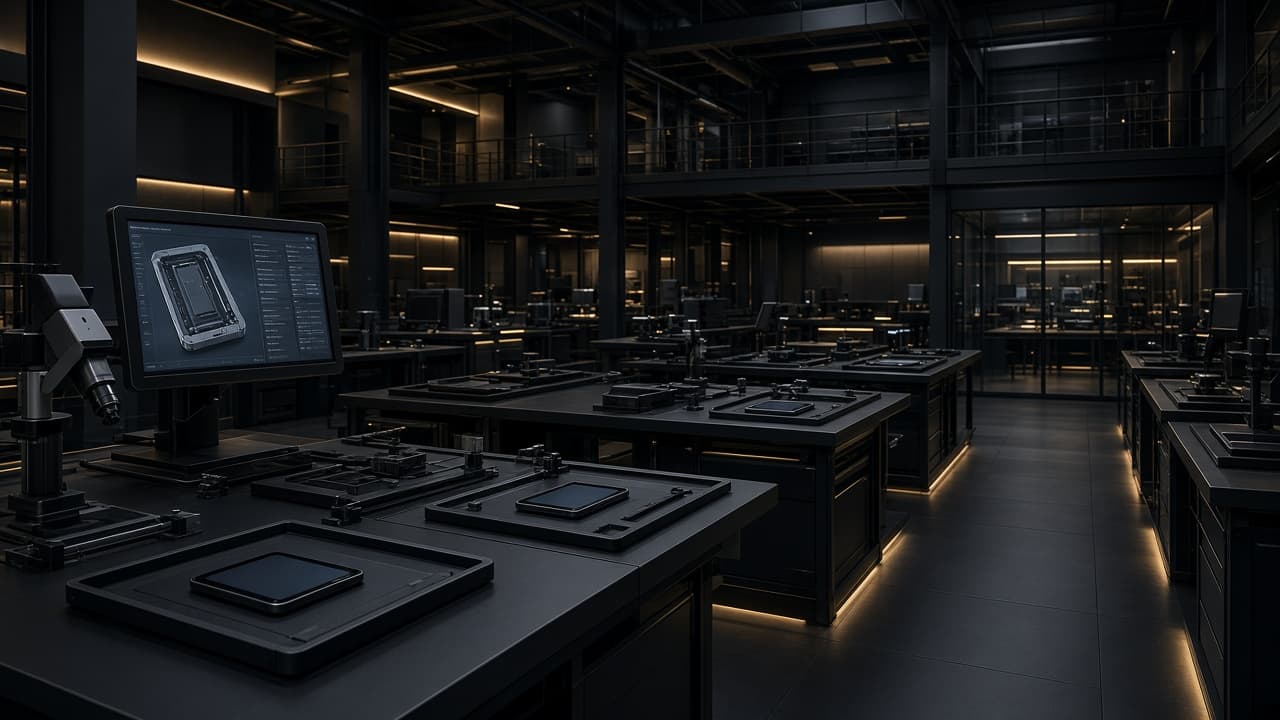 Render conceitual de um centro moderno de processamento e qualidade de smartphones com estações de diagnóstico.