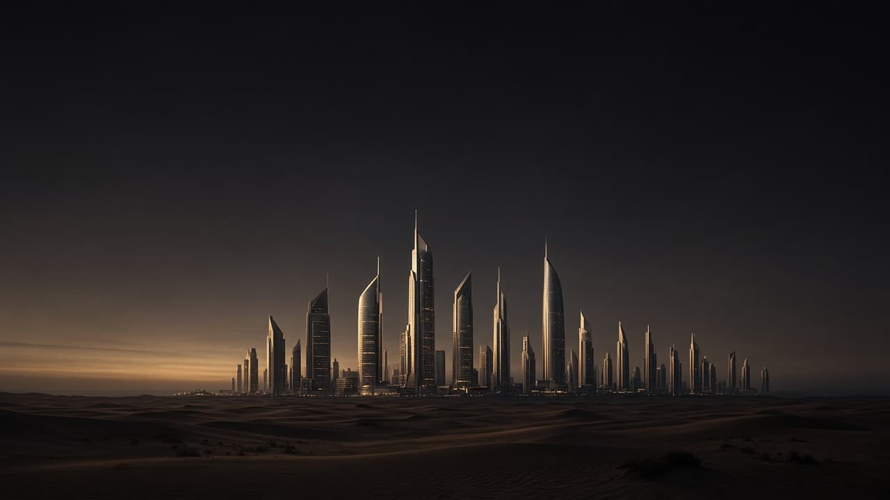 Vista cinematográfica conceitual de um horizonte moderno no deserto, representando a visão futura.